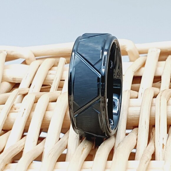 "Geometric Pattern Black Tungsten Wedding Band, GALTUN1024 - Picture 1 of 5